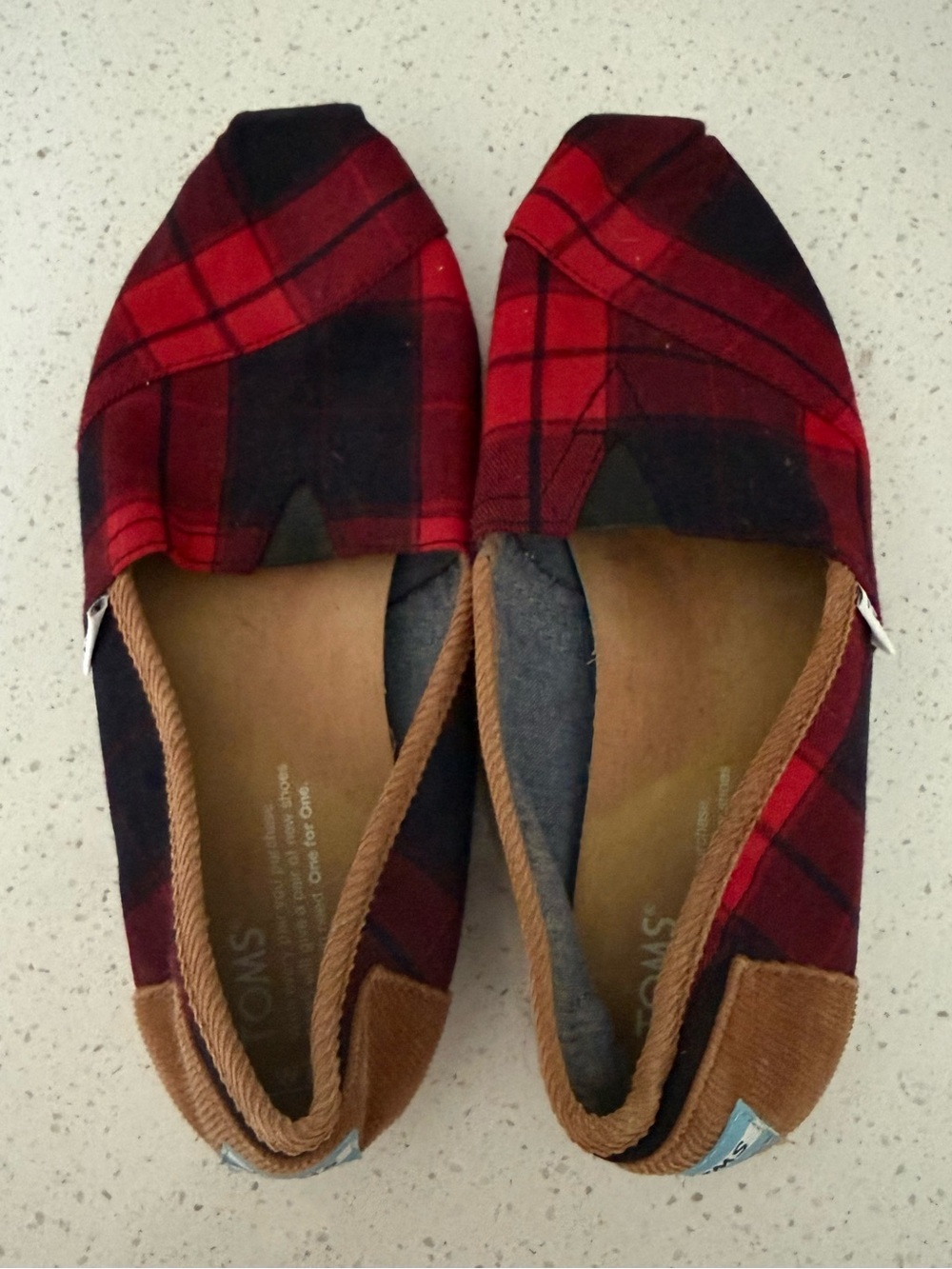 Toms Red and Black Plaid Women’s Slip-On Flats